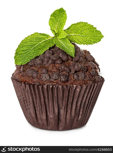 Muffin, chocolate cake with mint isolated on white background