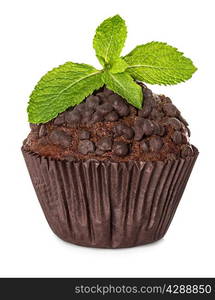 Muffin, chocolate cake with mint isolated on white background