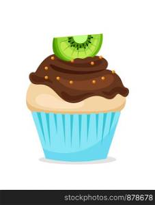 Muffin or sweet cupcake with chocolate glaze and kiwi on top. Vector dessert icon on white background. Sweet cupcake with chocolate glaze