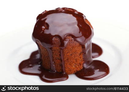 muffin with chocolate sauce dessert isolated on white background