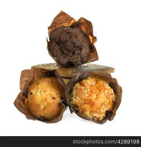 muffins in wooden box isolated on white background