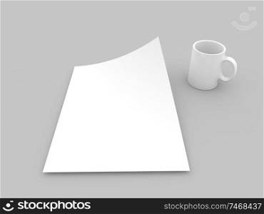 Mug and realistic sheet of paper mock up on gray background. 3d render illustration.. Mug and realistic sheet of paper mock up .
