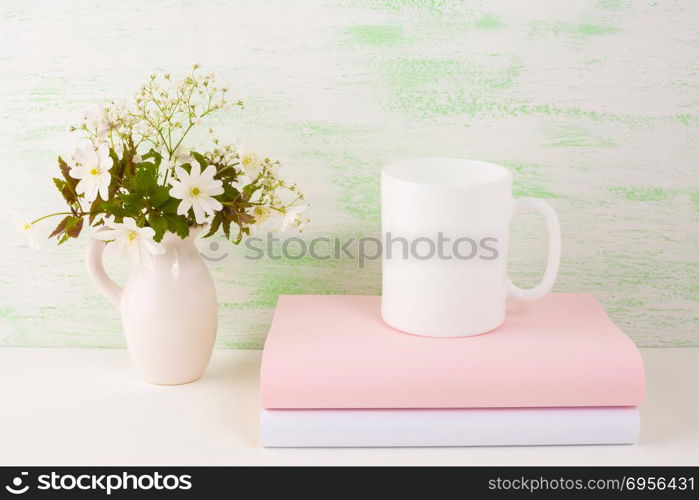 Mug mockup with fresh flowers. Mug mockup. Coffee cup template. Coffee mug template. Mug template. Mug design template. Mug design. Mug printing design. White mug mockup. Cup mockup. Blank mug. . Mug mockup with fresh flowers