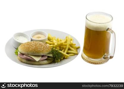 Mug of beer and a burger on an isolated background. Mug of beer and a burger