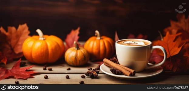 Mug of coffee and autumn leaves with orange pumpkin on wooden table. Autumn drink concept.