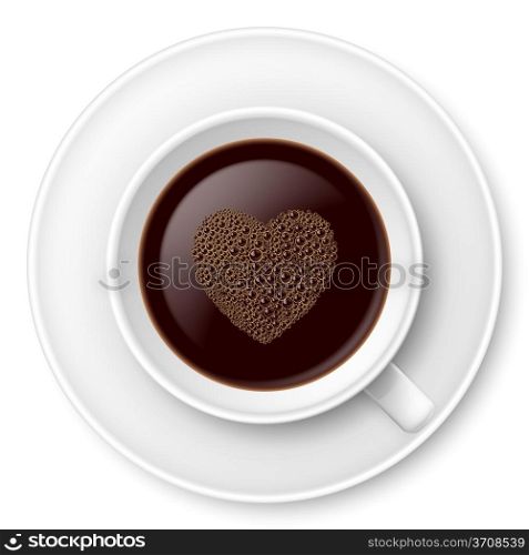 Mug of coffee with foam and saucer. Illustration on white