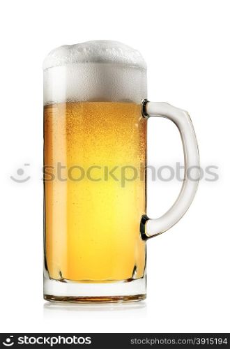 Mug of fresh light beer with foam isolated on a white background. Mug of fresh light beer with foam