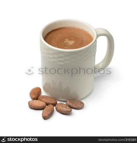 Mug with hot chocolate milk and cocoa beans isolated on white background