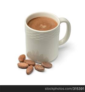 Mug with hot chocolate milk and cocoa beans isolated on white background