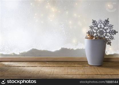 mug with toy snowflake wood table near bank snow fairy lights . Resolution and high quality beautiful photo. mug with toy snowflake wood table near bank snow fairy lights . High quality and resolution beautiful photo concept