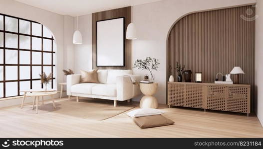 Muji sofa and decoration wabisabi on japandi room interior .3D rendering