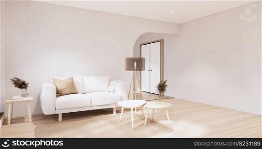 Muji sofa and decoration wabisabi on japandi room interior .3D rendering