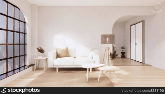 Muji sofa and decoration wabisabi on japandi room interior .3D rendering