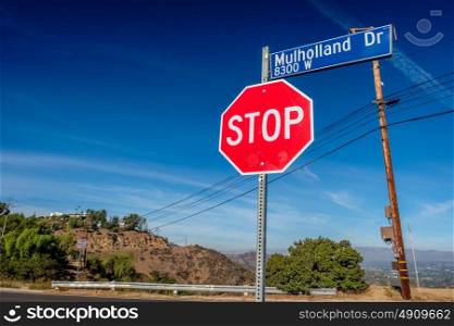 Mulholland Highway sign, Los Angeles, California, USA.