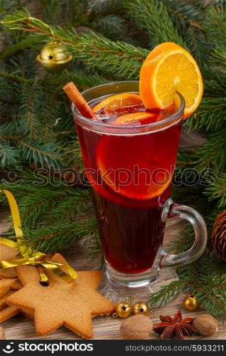 mulled red wine with christmas evergreen tree
