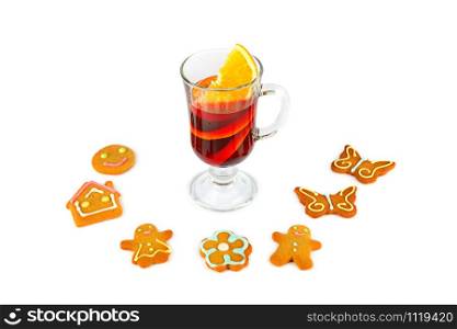 Mulled wine and Set of cute gingerbread cookies for christmas. Isolated on white background.