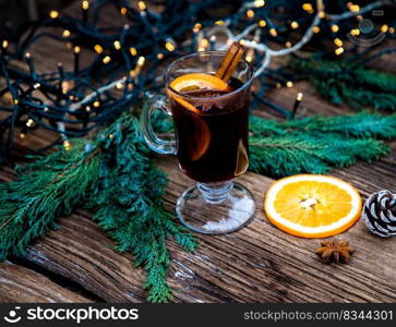 mulled wine Christmas drink  on wooden table