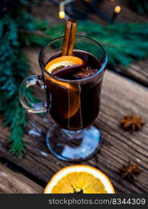 mulled wine Christmas drink  on wooden table