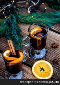 mulled wine Christmas drink  on wooden table