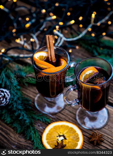 mulled wine Christmas drink  on wooden table