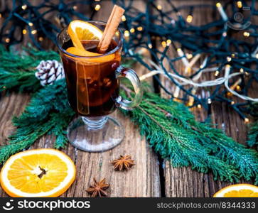 mulled wine Christmas drink  on wooden table