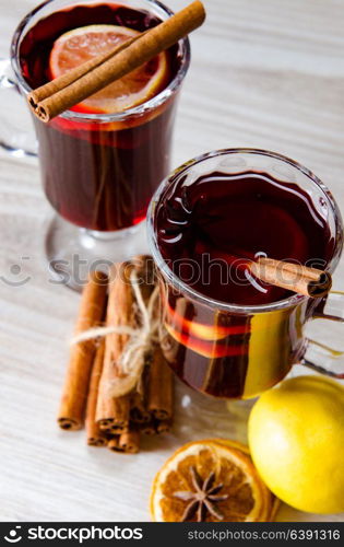 Mulled wine glintwine served in glasses for christmas table