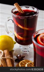 Mulled wine glintwine served in glasses for christmas table
