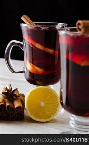 Mulled wine glintwine served in glasses for christmas table