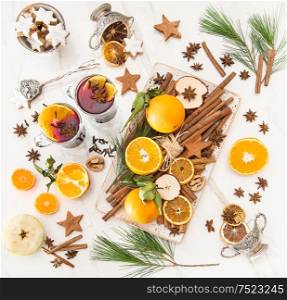 Mulled wine. Hot red punch ingredients fruit and spices. Christmas food and drinks. Still life top view