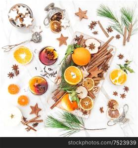 Mulled wine. Hot red punch ingredients fruit and spices. Christmas food and drinks. Flat lay top view