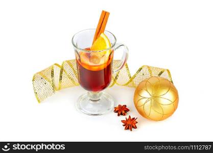 Mulled wine with orange, cinnamon sticks, anise isolated on white background. Christmas decorations. Flat lay.