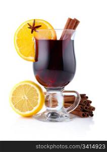 Mulled wine with spices isolated on white background