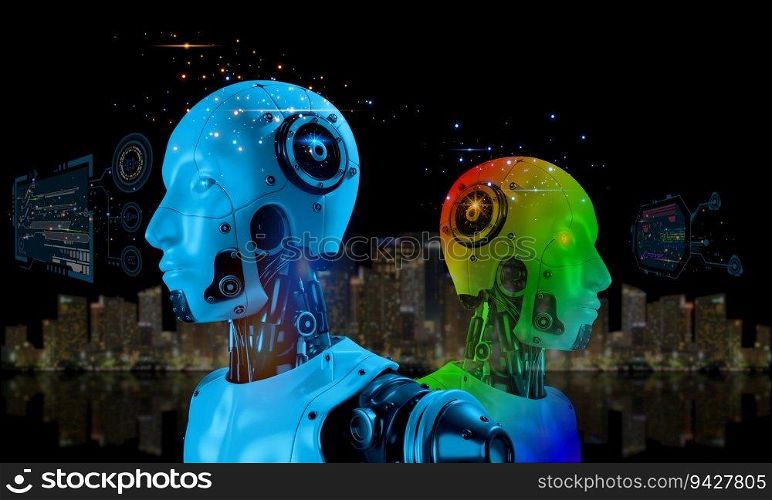 multi color 3D robotic with element futuristic digital icon glow light blur night city scape. new technology using artificial intelligeace control  facility management in big city