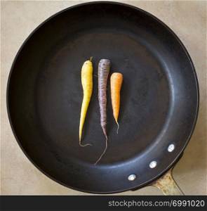 Multi colored carrots in a large black roasting pan