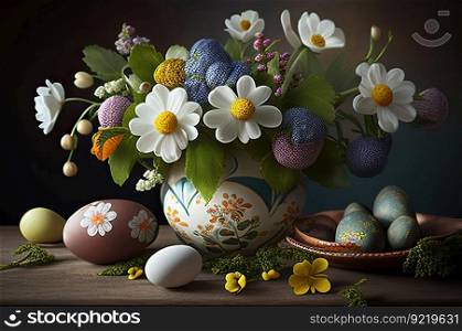 Multi-colored Easter eggs in a clay deep plate on a dark background. Fresh wild flowers as decoration of the composition. AI generated.. Easter eggs decorated in various colors in a clay deep plate on a dark background. AI generated.