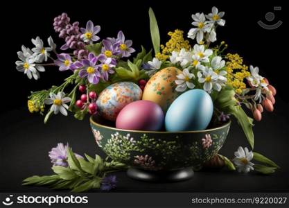 Multi-colored Easter eggs in a clay deep plate on a dark background. Fresh wild flowers as decoration of the composition. AI generated.. Multi-colored Easter eggs in a clay deep plate on a dark background. AI generated.