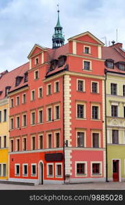 Multi-colored facades of medieval houses on the town hall square. Wroclaw. Poland.. Wroclaw. Old colorful houses in the historical part of the city.