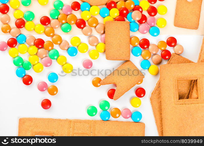 multi-colored jelly beans and details of the Gingerbread House Closeup