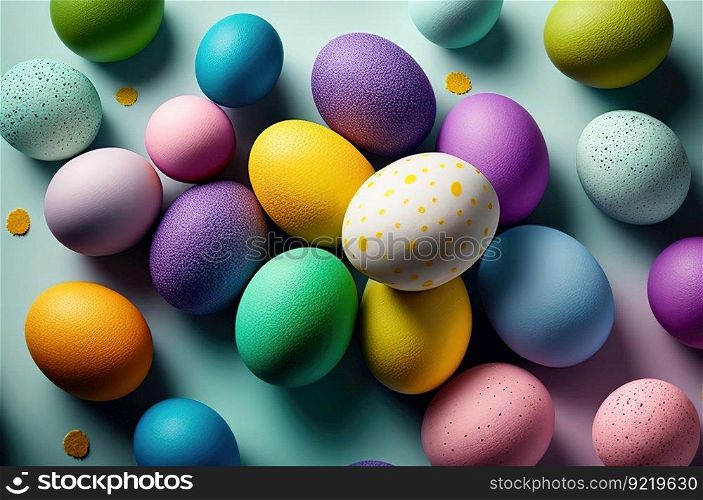 Multi-colored painted chicken eggs on a white background. View from above. The composition is suitable for congratulations on the Easter holiday. AI generated.. Multicolored decorated chicken eggs on a white background. View from above. AI generated.