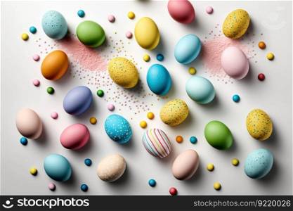 Multi-colored painted chicken eggs on a white background. View from above. The composition is suitable for congratulations on the Easter holiday. AI generated.. Multicolored decorated chicken eggs on a white background. View from above. AI generated.