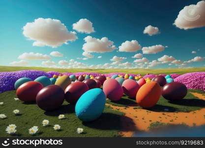 Multi-colored painted Easter eggs of various sizes on a field, with a blue sky in the clouds. Fantasy illustration, futuristic concept. AI generated.. Multi-colored painted Easter eggs of various sizes on a field, with a blue sky in the clouds. AI generated.