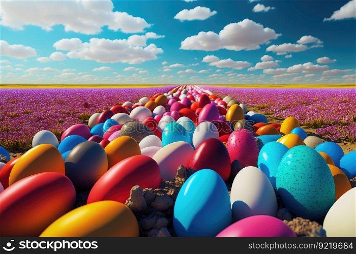 Multi-colored painted Easter eggs of various sizes on a field, with a blue sky in the clouds. Fantasy illustration, futuristic concept. AI generated.. Multi-colored painted Easter eggs of various sizes on a field, with a blue sky in the clouds. AI generated.