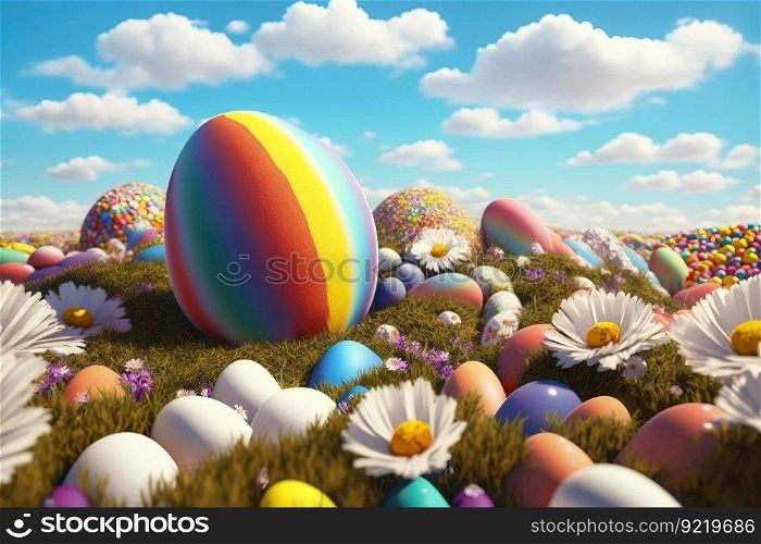 Multi-colored painted Easter eggs of various sizes on a field, with a blue sky in the clouds. Fantasy illustration, futuristic concept. AI generated.. Multi-colored painted Easter eggs of various sizes on a field, with a blue sky in the clouds. AI generated.