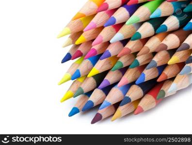 Multi colored pencils heap isolated on white with copy space