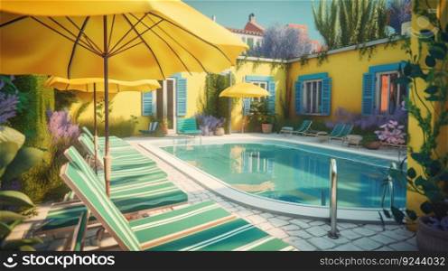 Multi-colored sun loungers with umbrellas by the pool near the house. AI generated. Blue sky background, resort vacation.. Multi-colored sun loungers with umbrellas by the pool near the house. AI generated.