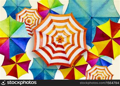 Multi colored umbrella, watercolor painting Top view colorful of summer, holiday and tourism business sea, beach resort, market, texture, background, Hand painted abstract illustration, copy space