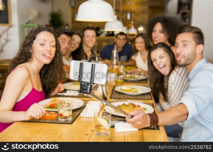 Multi-Ethnic group of happy friends lunching and making a selfie