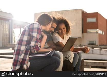 Multi-Ethnic group of students with laptop in campus - Soft sunset Light