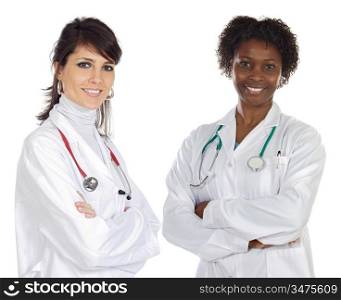 Multi-ethnic medical team a over white background