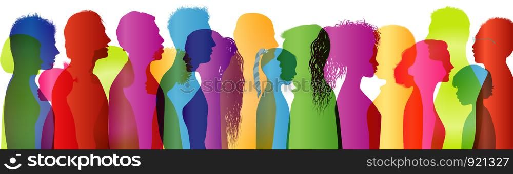 Multi-ethnic people. Dialogue between a large group of people. Talking crowd. Colored silhouette profiles. Many people talking. Speak. To communicate. Social network. Communication